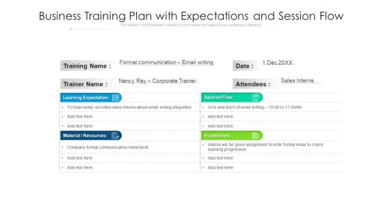 Business Training Plan With Expectations And Session Flow Ppt PowerPoint Presentation Ideas Guide PDF