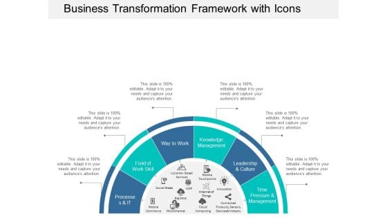 Business Transformation Framework With Icons Ppt Powerpoint Presentation Infographic Template Information