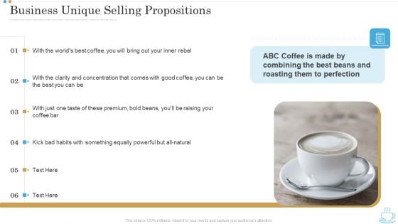 Business Unique Selling Propositions Business Plan For Opening A Coffeehouse Ppt Icon Demonstration PDF