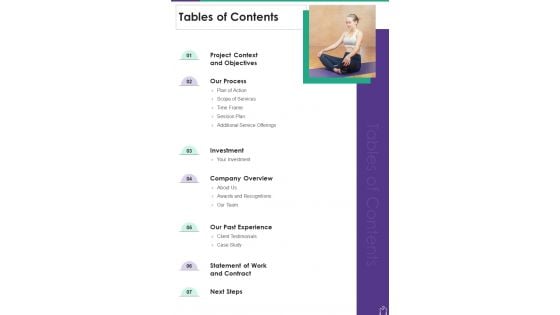 Business Wellness Program Promote Employees Wellbeing Tables Of Contents One Pager Sample Example Document