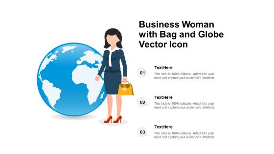 Business Woman With Bag And Globe Vector Icon Ppt PowerPoint Presentation Model Information PDF