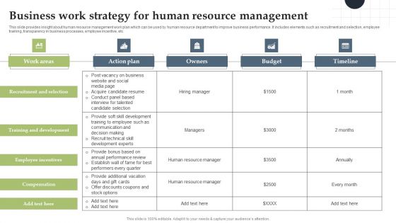 Business Work Strategy For Human Resource Management Pictures PDF