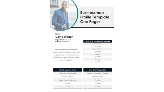Businessman Profile Template One Pager PDF Document PPT Template