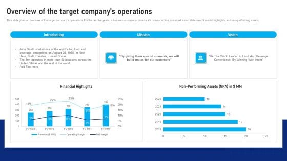 Buy Side Advisory Services In M And A Overview Of The Target Companys Operations Information PDF