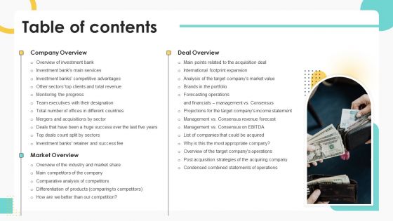 Buy Side Merger And Acquisition Pitch Book Table Of Contents Information PDF