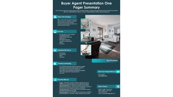 Buyer Agent Presentation One Pager Summary PDF Document PPT Template