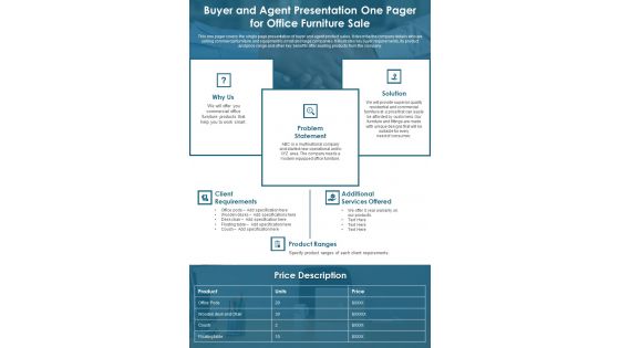 Buyer And Agent Presentation One Pager For Office Furniture Sale PDF Document PPT Template