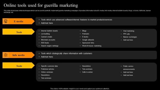 Buzz Marketing Strategies To Expand Campaign Reach Online Tools Used For Guerilla Marketing Structure PDF