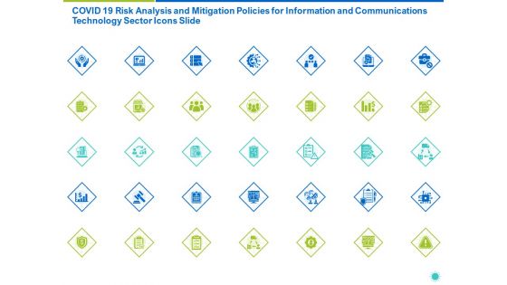 COVID 19 Risk Analysis And Mitigation Policies For Information And Communications Technology Sector Icons Slide Brochure PDF