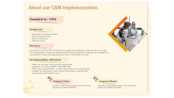 CRM Consulting About Our CRM Implementation Ppt Model Tips PDF