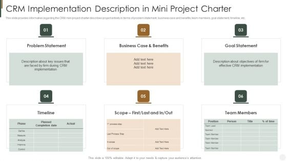 CRM Implementation Description In Mini Project Charter Strategies To Improve Customer Icons PDF