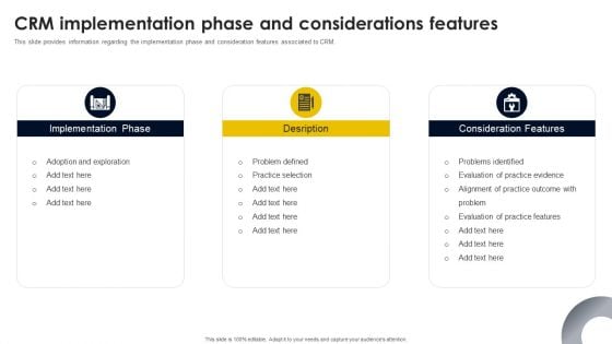 CRM Implementation Phase And Considerations Features Infographics PDF CRM Implementation Phase And Considerations Features Infographics PDF