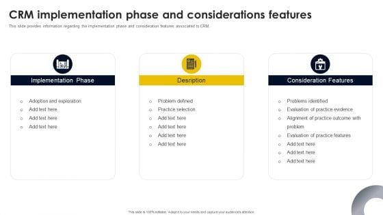 CRM Implementation Phase And Considerations Features Infographics PDF