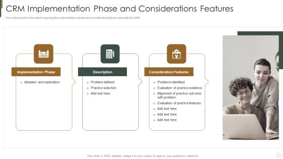 CRM Implementation Phase And Considerations Features Strategies To Improve Customer Inspiration PDF CRM Implementation Phase And Considerations Features Strategies To Improve Customer Inspiration PDF