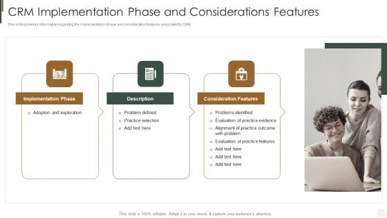 CRM Implementation Phase And Considerations Features Strategies To Improve Customer Inspiration PDF