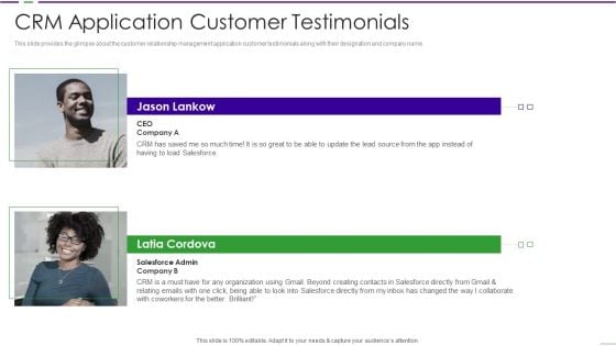 CRM Investor Fundraising Pitch Deck CRM Application Customer Testimonials Slides PDF CRM Investor Fundraising Pitch Deck CRM Application Customer Testimonials Slides PDF