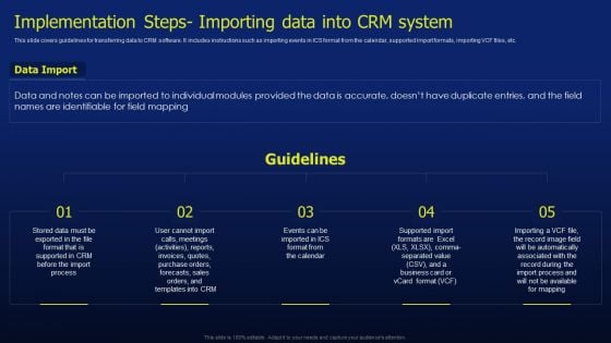 CRM Software Deployment Journey Implementation Steps Importing Data Into CRM Infographics PDF