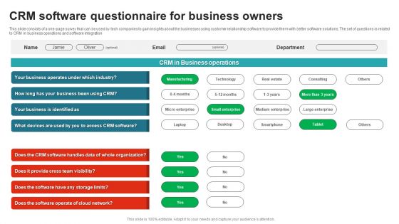 CRM Software Questionnaire For Business Owners Survey SS
