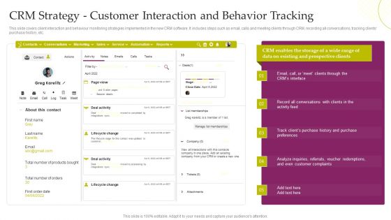 CRM System Deployment Plan CRM Strategy Customer Interaction And Behavior Tracking Mockup PDF