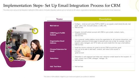 CRM System Deployment Plan Implementation Steps Set Up Email Integration Process Icons PDF