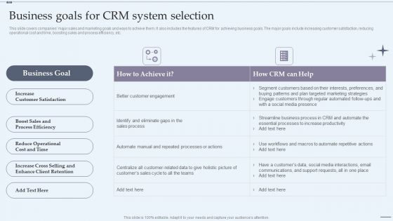 CRM System Implementation Stages Business Goals For CRM System Selection Introduction PDF