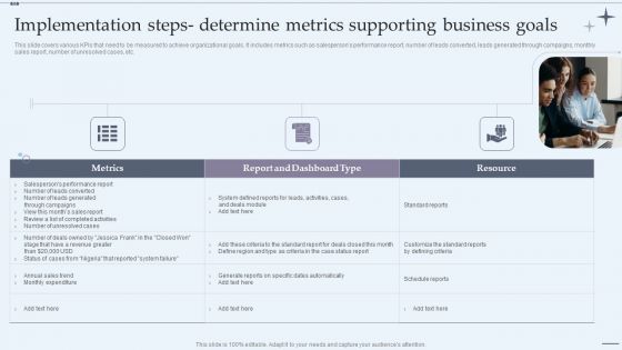 CRM System Implementation Stages Implementation Steps Determine Metrics Supporting Business Goals Portrait PDF