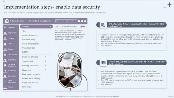 CRM System Implementation Stages Implementation Steps Enable Data Security Slides PDF CRM System Implementation Stages Implementation Steps Enable Data Security Slides PDF