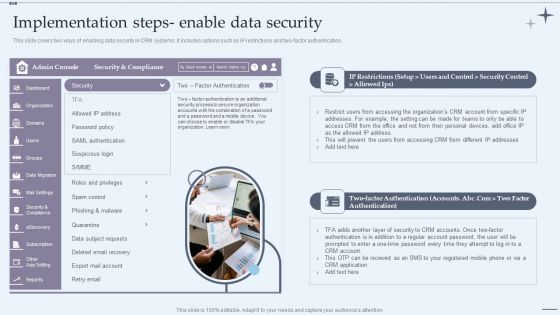 CRM System Implementation Stages Implementation Steps Enable Data Security Slides PDF