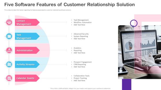 CRM Transformation Toolkit Five Software Features Of Customer Relationship Solution Infographics PDF