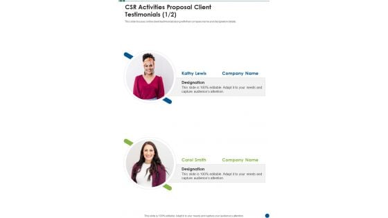 CSR Activities Proposal Client Testimonials One Pager Sample Example Document