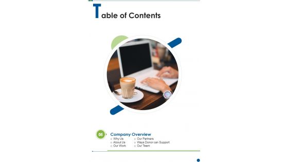 CSR Activities Proposal Table Of Contents One Pager Sample Example Document