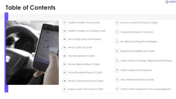 Cabify Venture Capitalist Investor Elevator Pitch Deck Table Of Contents Download PDF Cabify Venture Capitalist Investor Elevator Pitch Deck Table Of Contents Download PDF