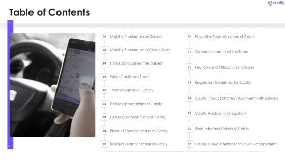 Cabify Venture Capitalist Investor Elevator Pitch Deck Table Of Contents Download PDF