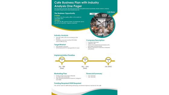 Cafe Business Plan With Industry Analysis One Pager PDF Document PPT Template