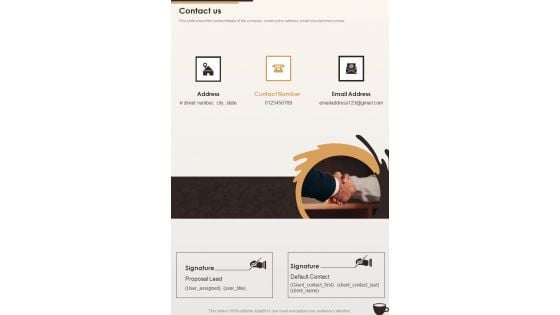 Cafe Business Proposal Contact Us One Pager Sample Example Document Cafe Business Proposal Contact Us One Pager Sample Example Document
