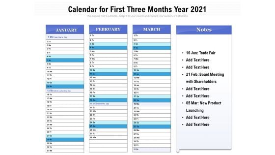 Calendar For First Three Months Year 2021 Ppt PowerPoint Presentation Professional Summary PDF