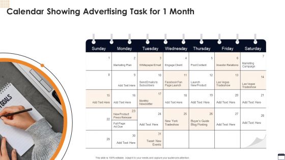 Calendar Showing Advertising Task For 1 Month Pictures PDF Calendar Showing Advertising Task For 1 Month Pictures PDF