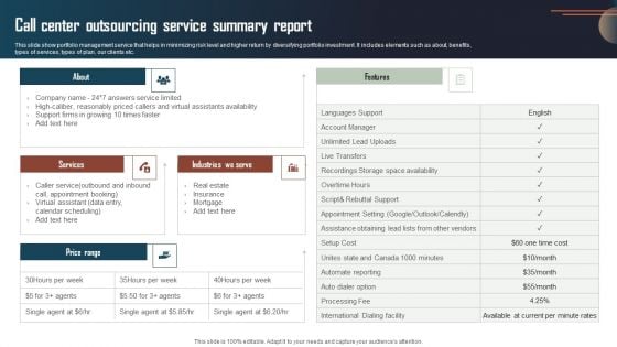 Call Center Outsourcing Service Summary Report Introduction PDF