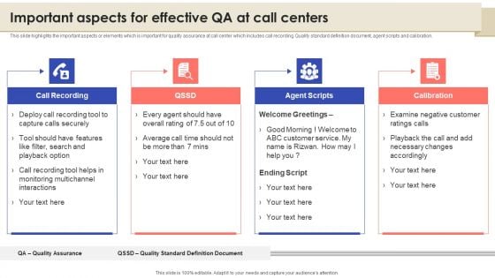 Call Center Quality Enhancement Plan Important Aspects For Effective QA At Call Centers Pictures PDF