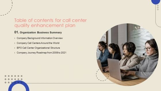 Call Center Quality Enhancement Plan Table Of Contents Brochure PDF