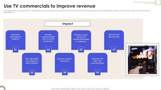 Call To Action Marketing Techniques Use TV Commercials To Improve Revenue Introduction PDF