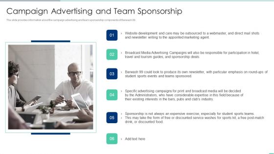 Campaign Advertising And Team Sponsorship Ppt Icon Design Inspiration PDF