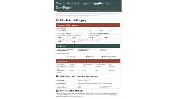 Candidate Recruitment Application One Pager PDF Document PPT Template Candidate Recruitment Application One Pager PDF Document PPT Template