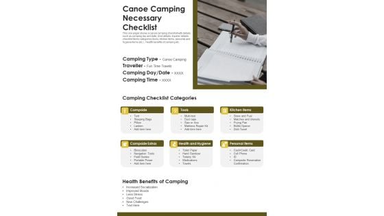 Canoe Camping Necessary Checklist PDF Document PPT Template