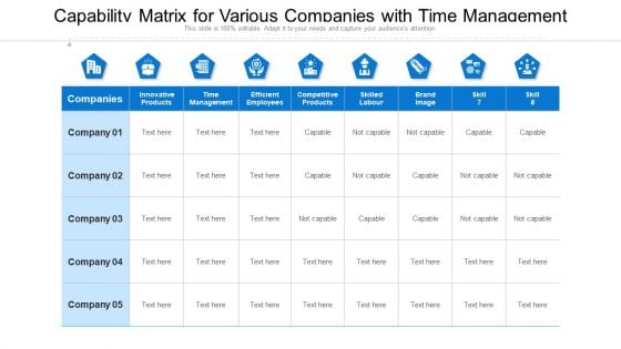 Capability Matrix For Various Companies With Time Management Ppt Gallery Infographics PDF Capability Matrix For Various Companies With Time Management Ppt Gallery Infographics PDF