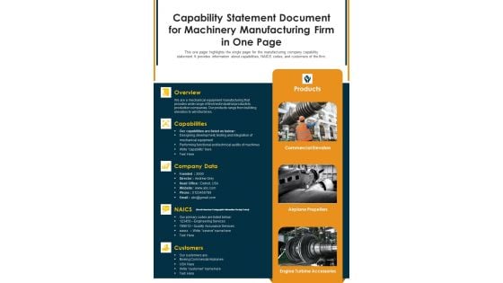 Capability Statement Document For Machinery Manufacturing Firm In One Page PDF Document PPT Template