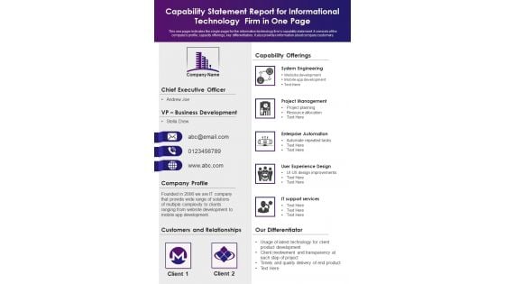 Capability Statement Report For Informational Technology Firm In One Page PDF Document PPT Template