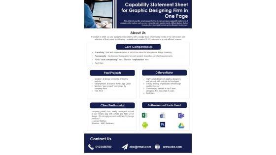 Capability Statement Sheet For Graphic Designing Firm In One Page PDF Document PPT Template