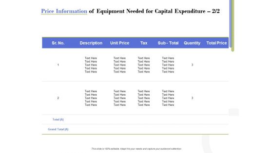 Capex Proposal Template Price Information Of Equipment Needed For Capital Expenditure Price Guidelines PDF