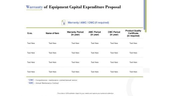 Capex Proposal Template Warranty Of Equipment Capital Expenditure Proposal Designs PDF